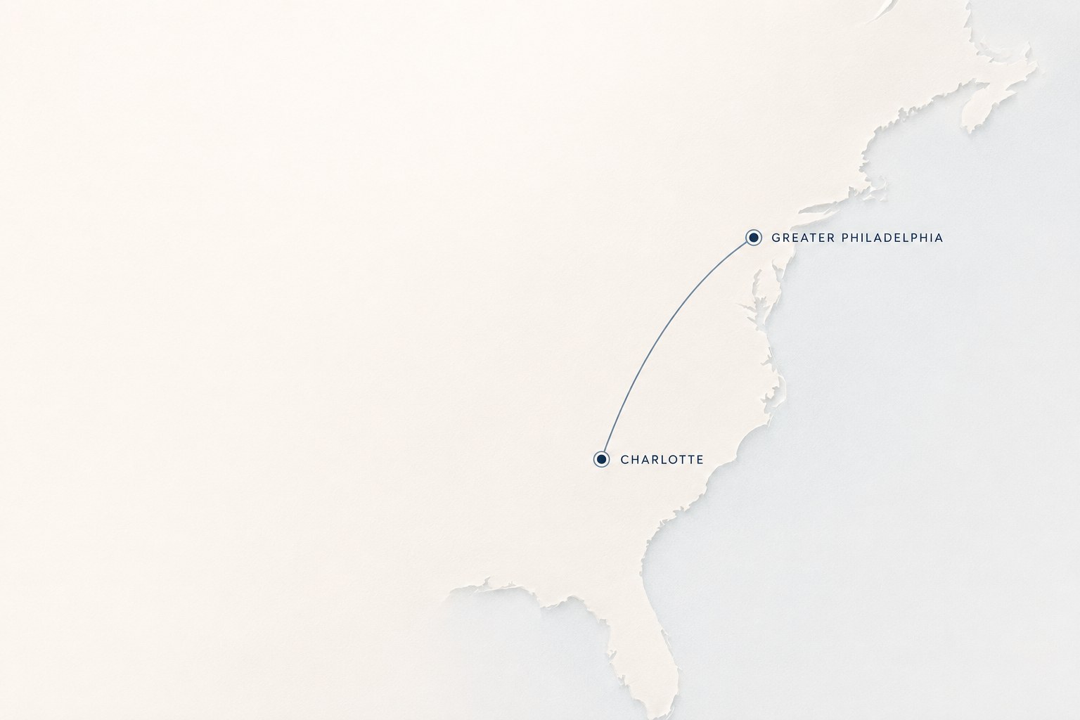 Map of the eastern United States marking the firm's two offices, Charlotte in North Carolina and Greater Philadelphia, joined by an arc.